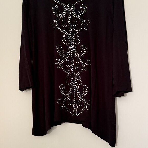 Embellished 3/4 Sleeve Round Neck Tunic Black Size XL - Picture 2 of 4